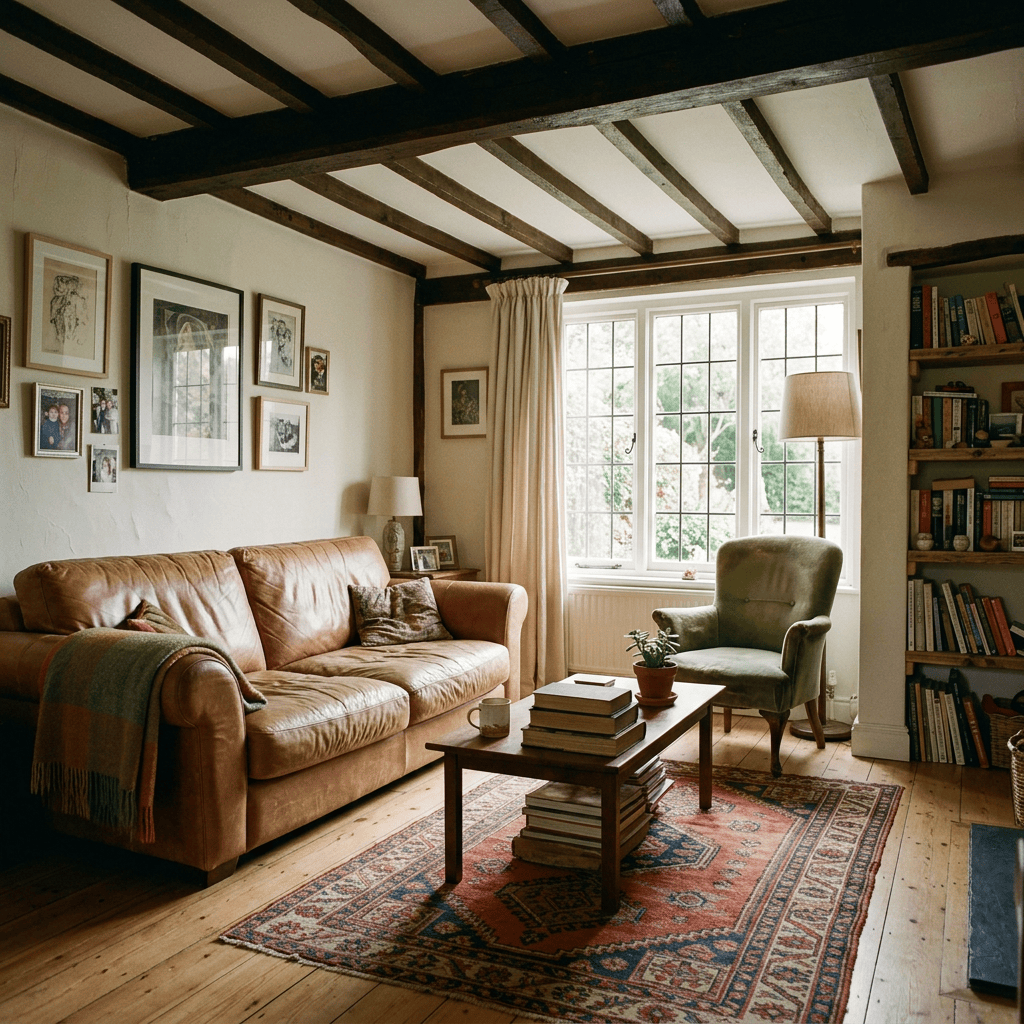 Sunlit living room with leather sofa, reading chair, coffee table, and bookshelves