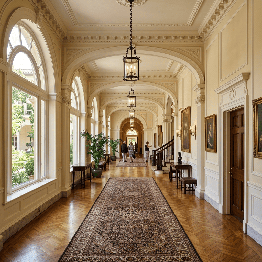 Ornate mansion hallway with portraits, chandeliers, plants, and visitors