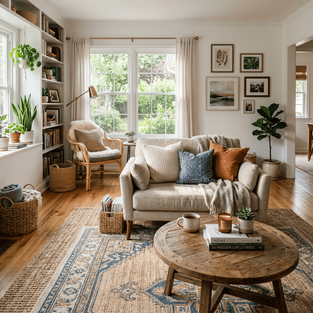Bright living room with sofa, plants, books, and round wooden coffee table