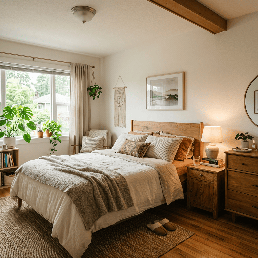 Cozy bedroom with a made bed, plants, wood furniture, and sunny window