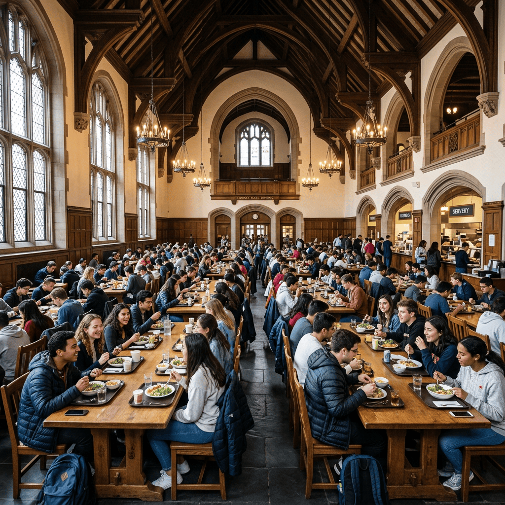 Students eating together in a grand historic dining hall