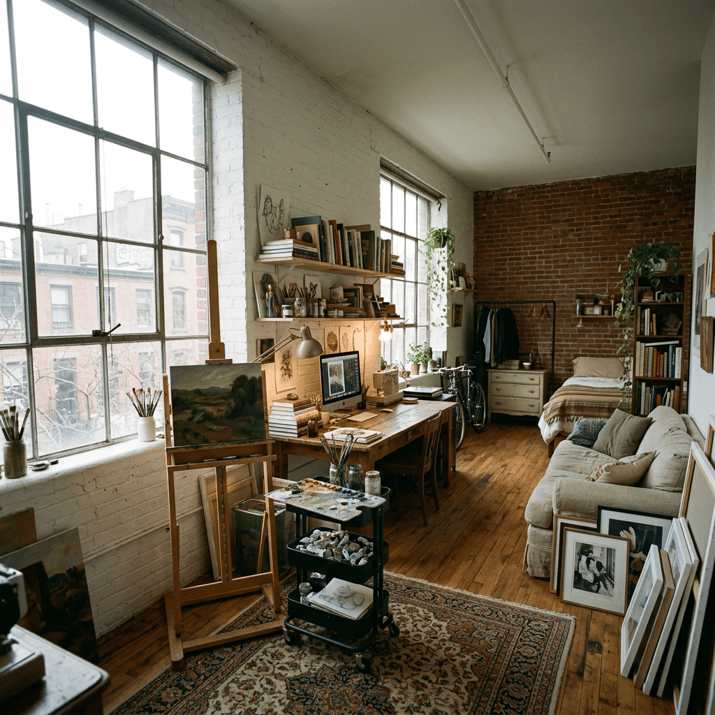 Sunlit artist's loft with easel, painting supplies, desk, books, sofa, and bed