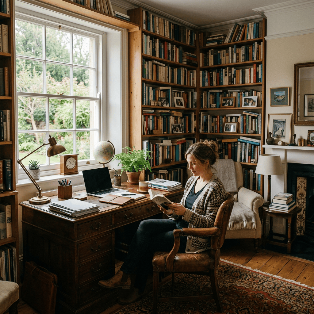 Woman reading in a cozy home library beside a desk