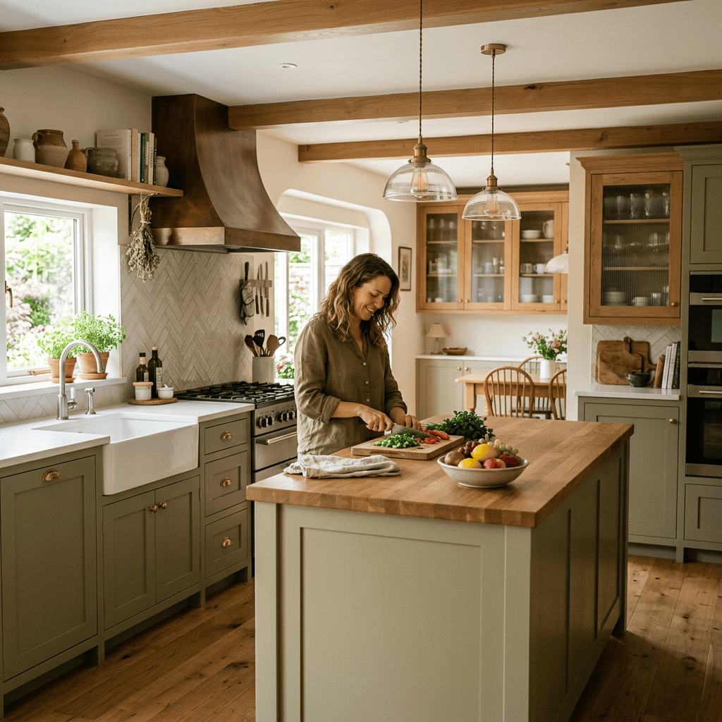 Woman chopping vegetables on a kitchen island in a farmhouse kitchen