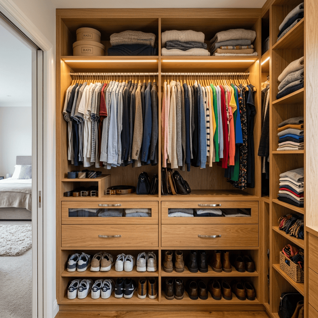 Organized walk-in closet with clothing, accessories, drawers, and shoes