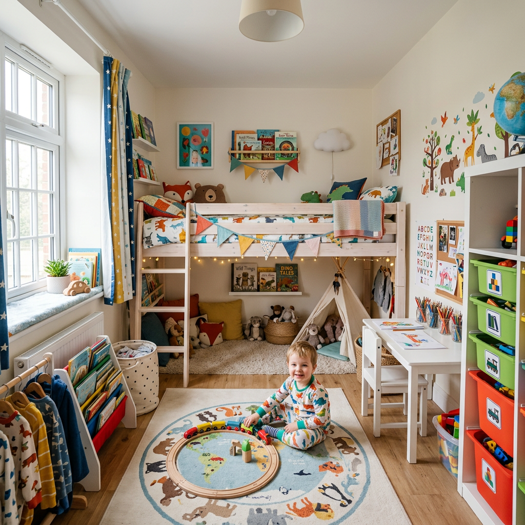 Child playing with a wooden train in a colorful bedroom