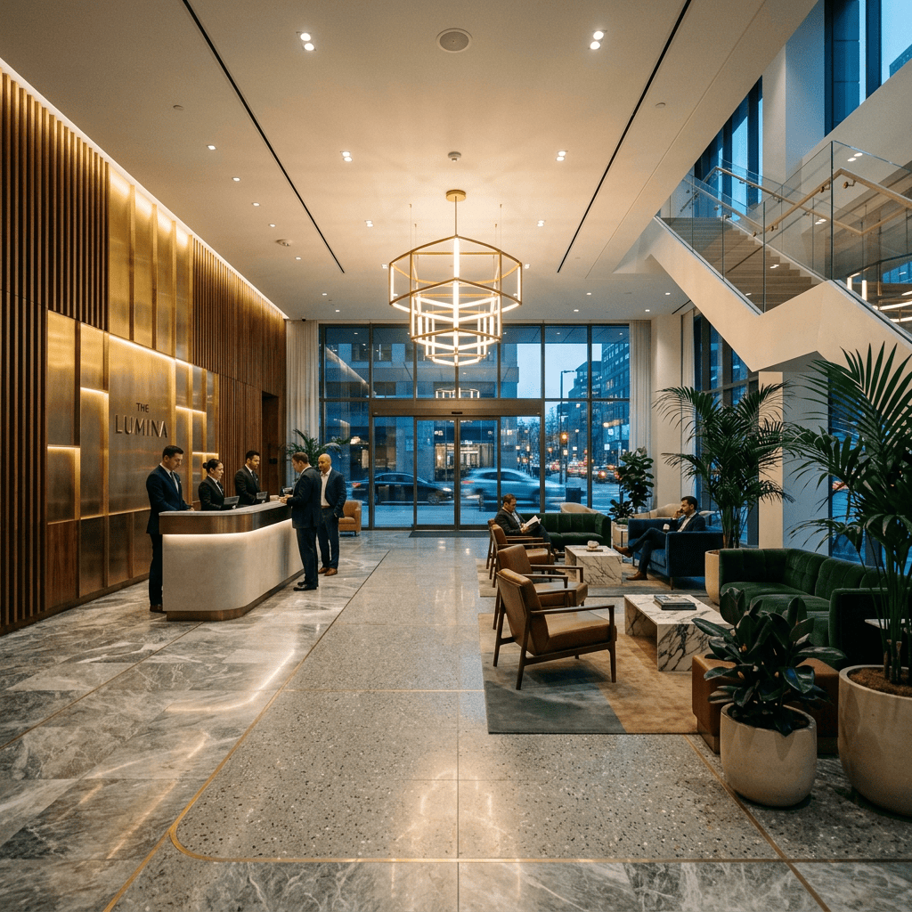 Modern Lumina hotel lobby with reception desk, seating, plants, and staircase