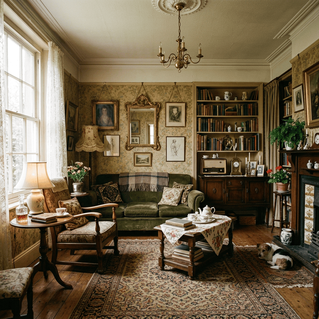 Vintage living room with bookshelves, sofa, fireplace, and sleeping cat